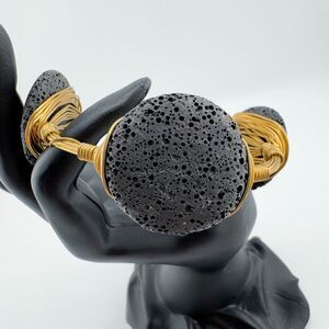 Vintage Gold Tone Wire Wrapped Black Lava Stone Bracelet Artisan Organic Boho